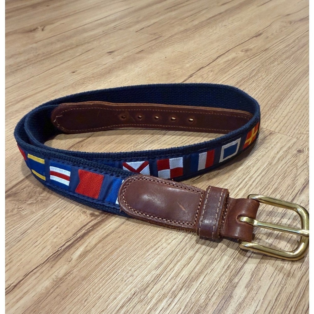 Preston Mens Nautical Code Flag Belt Navy Blue Leather Size 34 USA